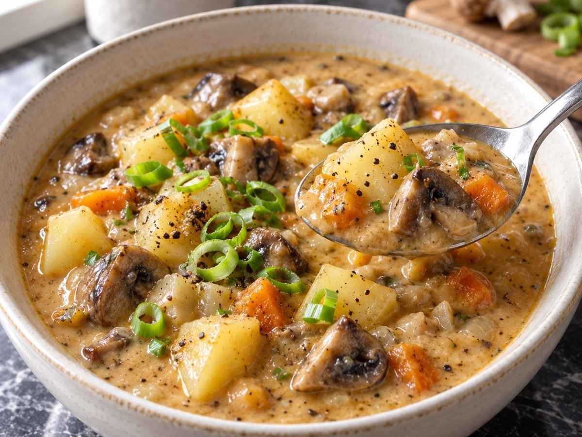 Nahaufnahme von cremigem Kartoffeleintopf mit Champignons, Kartoffelwürfeln und kleinen ganzen Pilzen in einer Schüssel