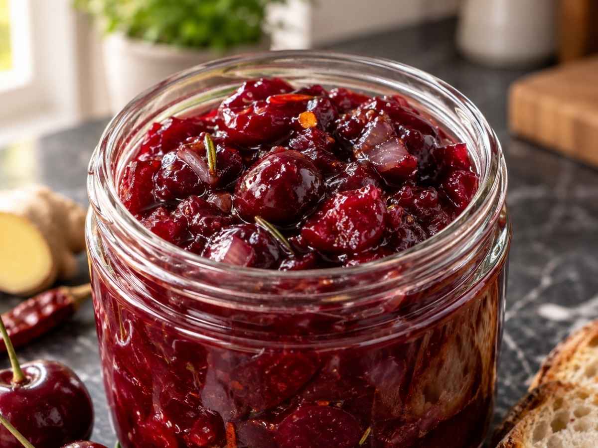 Nahaufnahme von Kirsch-Gewürz-Chutney mit sichtbaren Kirschstücken und Gewürzen