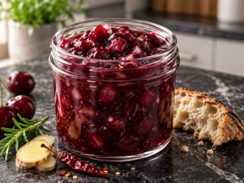 Selbstgemachtes Kirsch-Gewürz-Chutney im Schraubglas mit Kirschen im Hintergrund