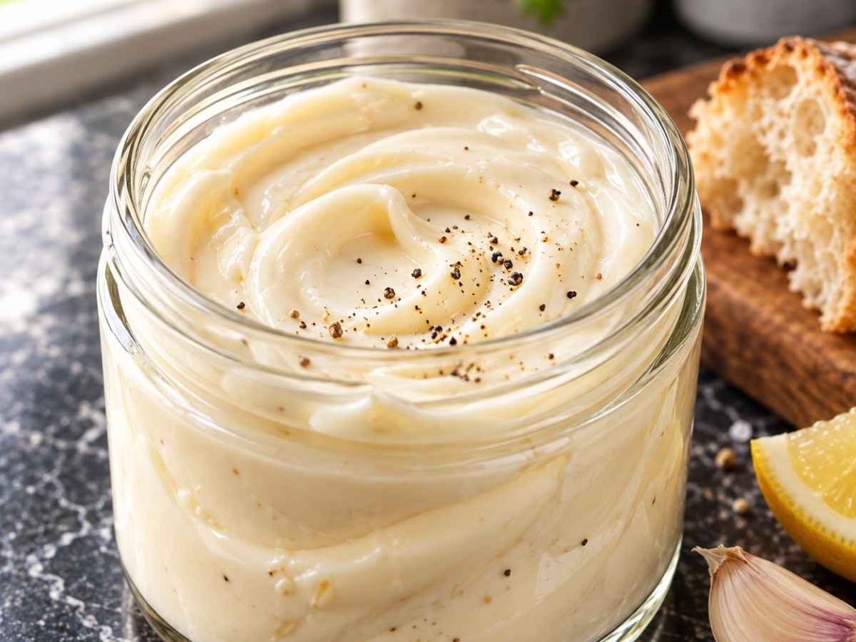 Nahaufnahme von klassischer Aioli auf einem Löffel, dick und glänzend, hält ihre Form