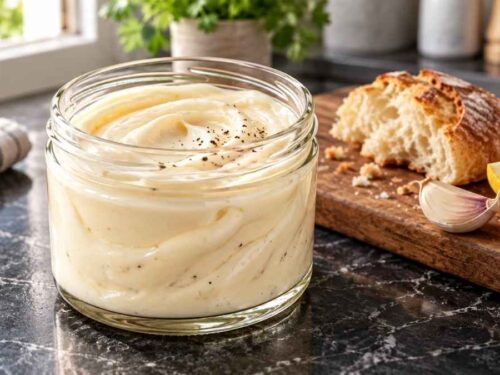 Klassische Aioli in einer Keramikschüssel, daneben Baguette, Ofenkartoffeln und Grillgemüse auf dem Tisch