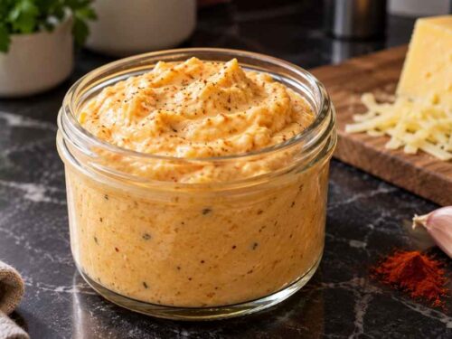 Knoblauch-Käse-Creme in einer Schüssel, serviert mit Baguettescheiben