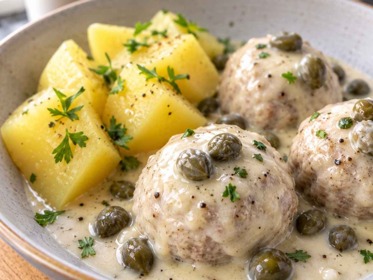 Nahaufnahme von Königsberger Klopsen mit Kartoffeln, glänzende Kapernsauce mit ganzen Kapern auf einem zarten Fleischklößchen