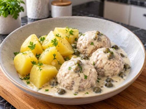 Königsberger Klopse mit Kartoffeln in cremiger Kapernsauce, serviert in einer Schüssel mit Salzkartoffeln und eingelegter Roter Bete