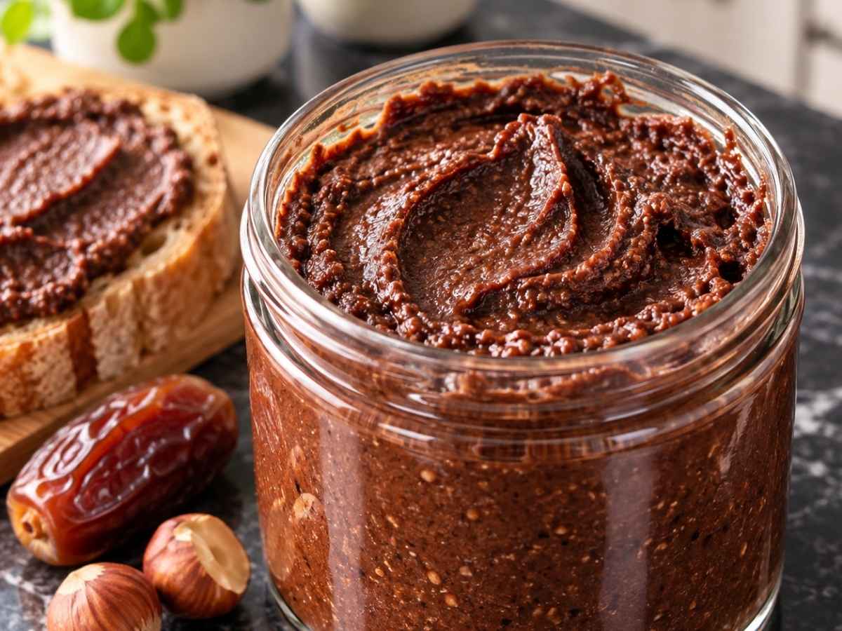 Kokos-Nougat-Creme cremig auf Vollkornbrot gestrichen