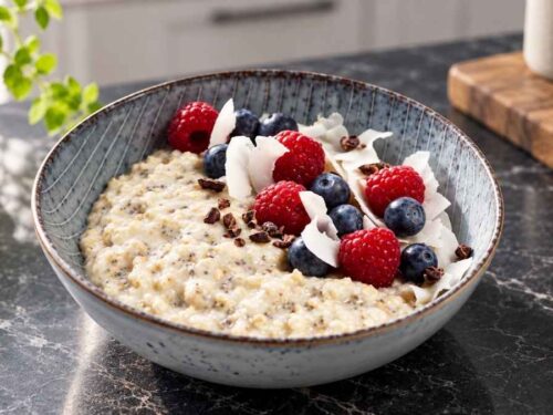 Kokos-Porridge mit Himbeeren in zwei Schalen mit Kokoschips, Heidelbeeren und Kakaobohnensplittern auf einem Frühstückstisch