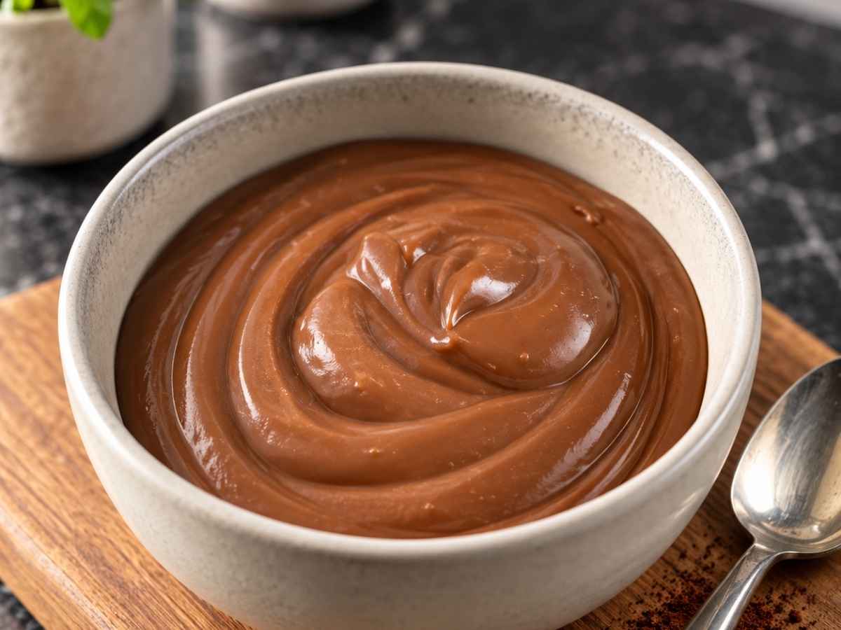 Nahaufnahme von cremigem Kokos-Schokoladen-Pudding im Löffel