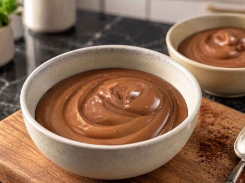 Kokos-Schokoladen-Pudding Kokos-Schokoladen-Pudding in Gläsern, fertig zum Servieren