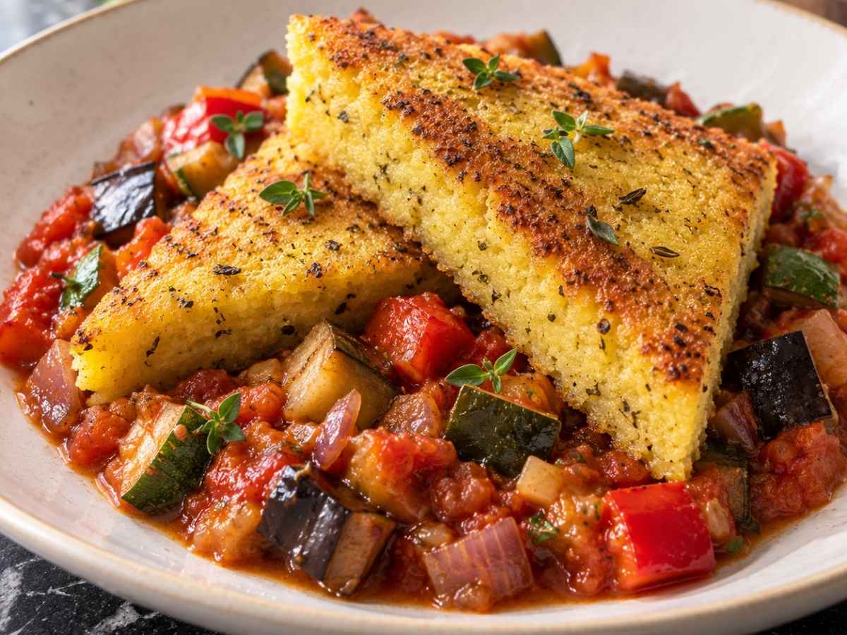 Nahaufnahme einer knusprig gebratenen Kräuterpolenta-Scheibe mit cremigem Kern und Ratatouille