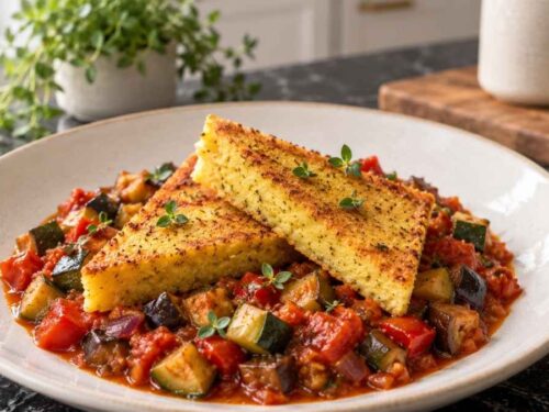 Kräuterpolenta mit Ratatouille, knusprig gebratene Polentadreiecke auf würzigem Gemüse-Ratatouille