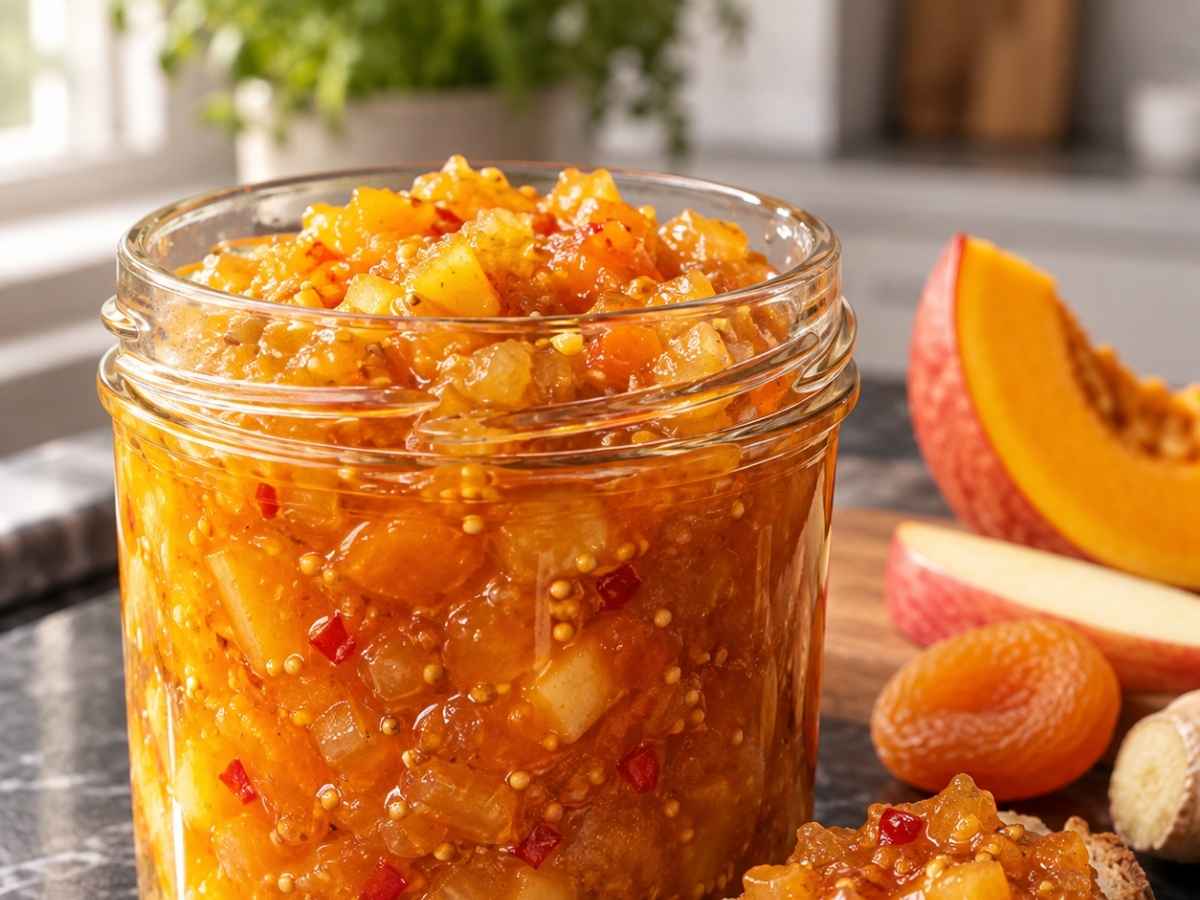 Nahaufnahme von Kürbis-Apfel-Chutney mit sichtbaren Kürbis- und Apfelstücken im Glas