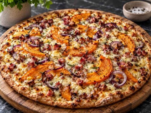 Kürbis-Pizza mit Speck und Apfel, frisch aus dem Ofen auf dem Backblech