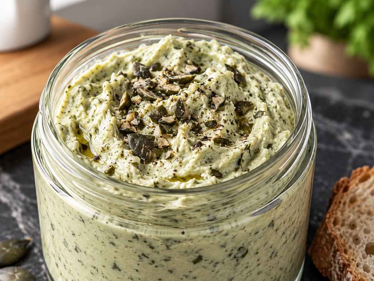 Nahaufnahme von cremigem Kürbiskernaufstrich mit ganzen Kürbiskernen und Kürbiskernöl beträufelt