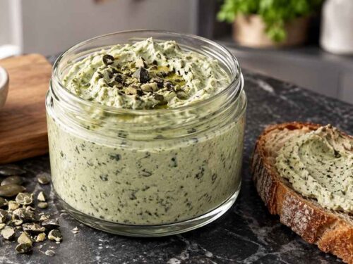 Kürbiskernaufstrich Cremiger Kürbiskernaufstrich in einer Schüssel, umgeben von frischem Bauernbrot