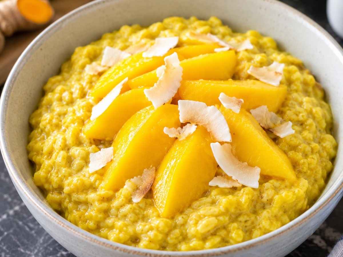 Nahaufnahme von cremigem Kurkuma-Kokos-Porridge mit frischen Mangostücken