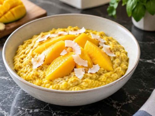 Kurkuma-Kokos-Porridge mit Mango in vier Schüsseln, mit Kokosraspeln bestreut