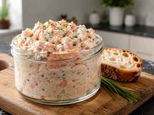 Cremiger Lachs-Dip in einer Schale, umgeben von Baguettescheiben und Gemüsesticks