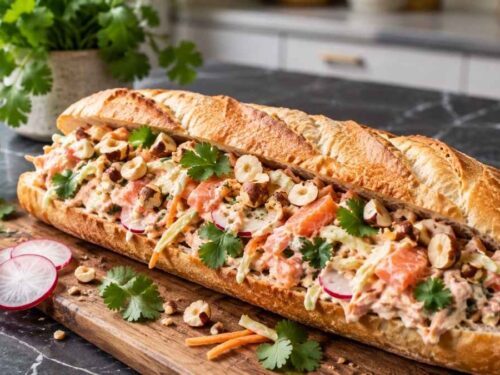 Lachs-Krautsalat Sandwich Füllung mit Räucherlachs und Krautsalat im Baguette