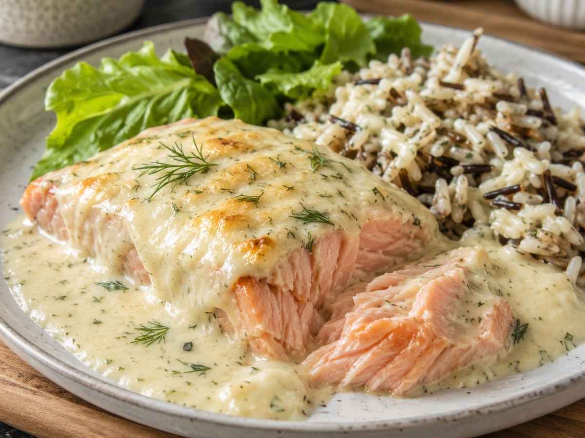 Nahaufnahme von Lachs-Sahne-Gratin mit cremiger Dillsauce