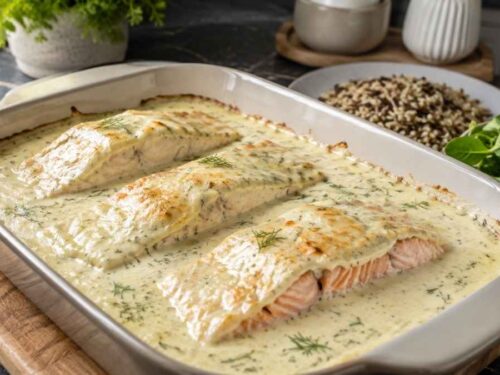 Lachs-Sahne-Gratin mit Dill in einer Auflaufform, frisch aus dem Ofen