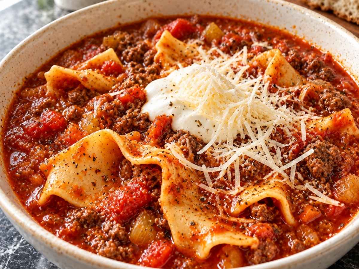 Nahaufnahme von Lasagne-Eintopf mit Lasagnestücken, einem Klecks saurer Sahne und geriebenem Parmesan im tiefen Teller
