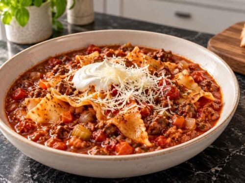 Lasagne-Eintopf mit Tomatensoße, Hackfleisch und Nudelstücken im Topf, daneben zwei Teller mit saurer Sahne und Parmesan
