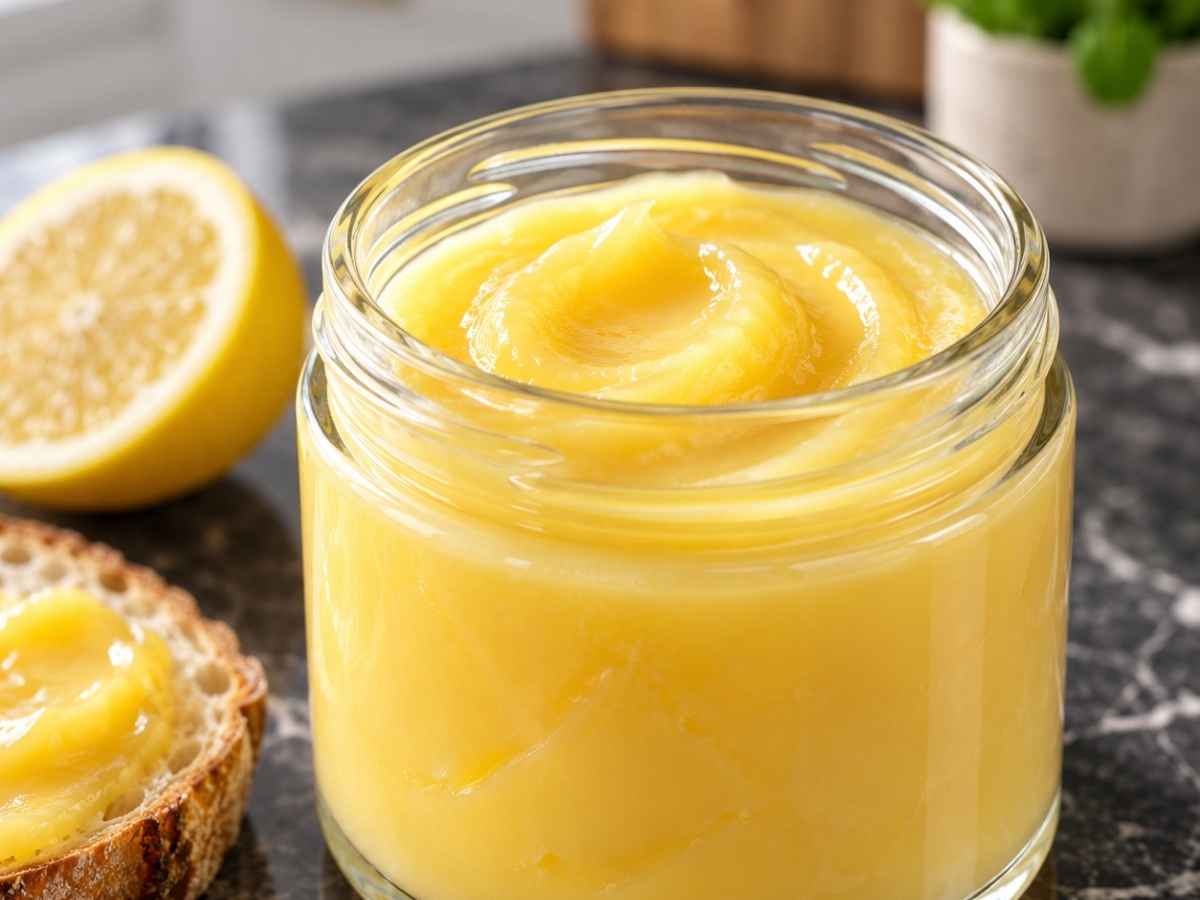 Nahaufnahme von cremigem Lemon Curd auf einem Löffel mit glatter Oberfläche