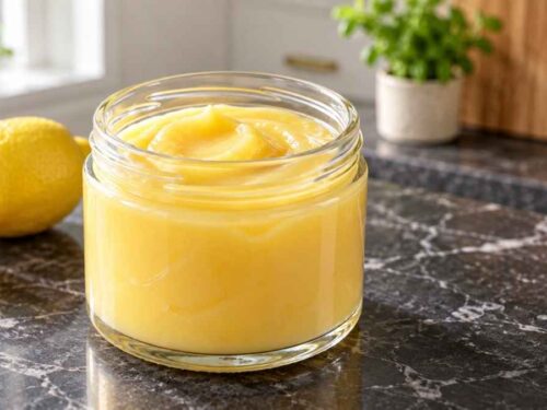 Selbstgemachter Lemon Curd in Schraubgläsern, daneben frische Zitronen und ein Löffel