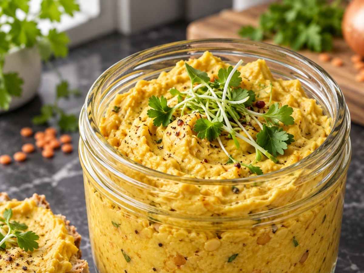 Nahaufnahme von cremigem Linsen-Curry-Aufstrich auf Vollkornbrot
