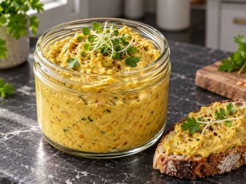 Linsen-Curry-Aufstrich in einer Schüssel, cremig angerichtet mit Kräutern