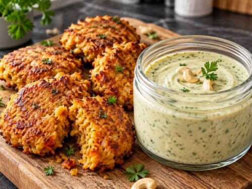 Knusprige Linsen-Kartoffel-Puffer mit veganem Cashew-Dip auf einem Teller