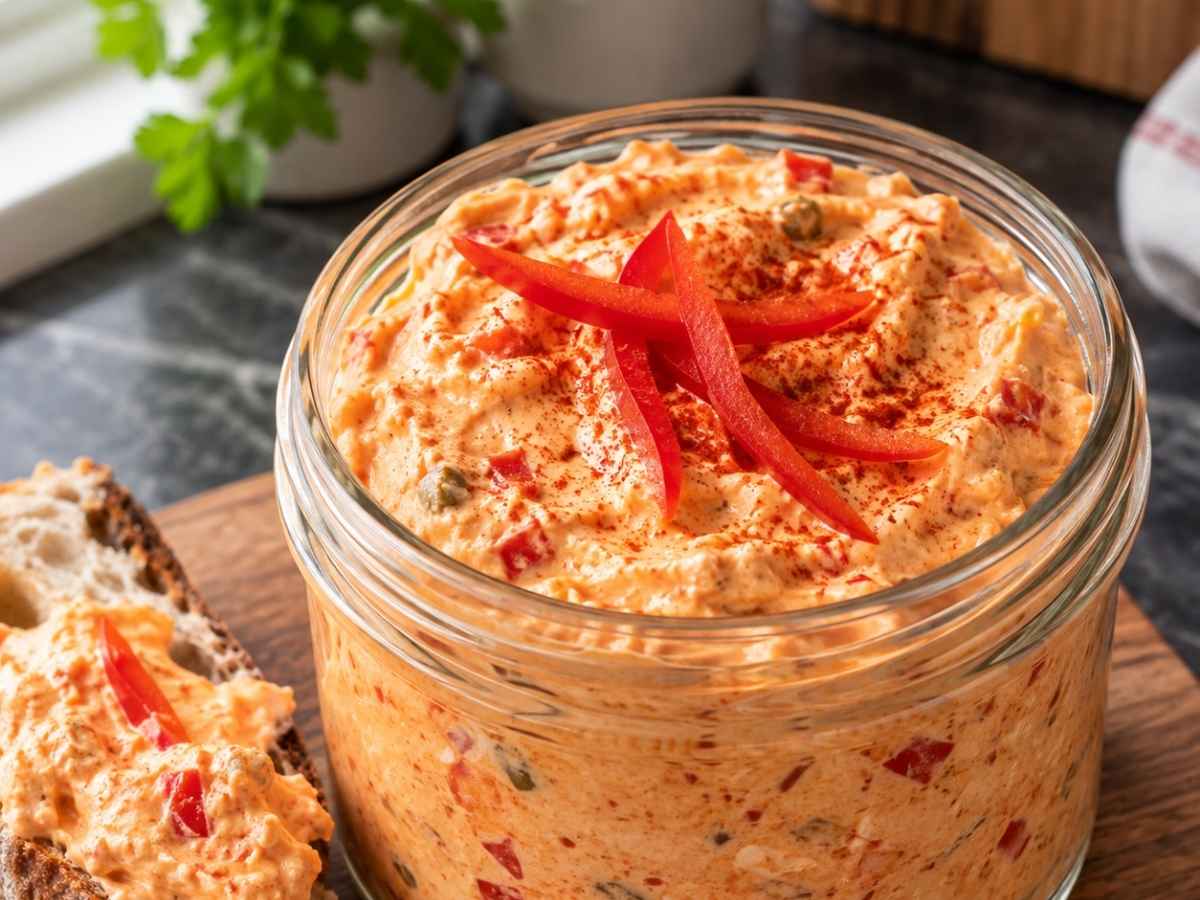 Nahaufnahme von cremigem Liptauer mit roten Paprikastreifen als Garnitur