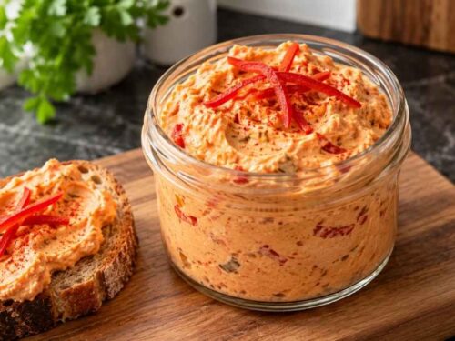 Cremiger Liptauer Paprika-Aufstrich auf einem Holzbrett mit Bauernbrot und Radieschen