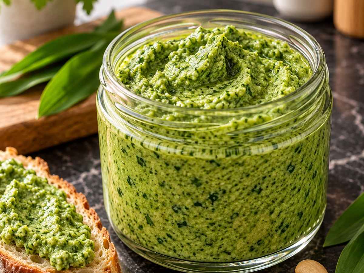 Bärlauch-Dip 2 Nahaufnahme von cremigem Bärlauch-Dip auf einem Löffel