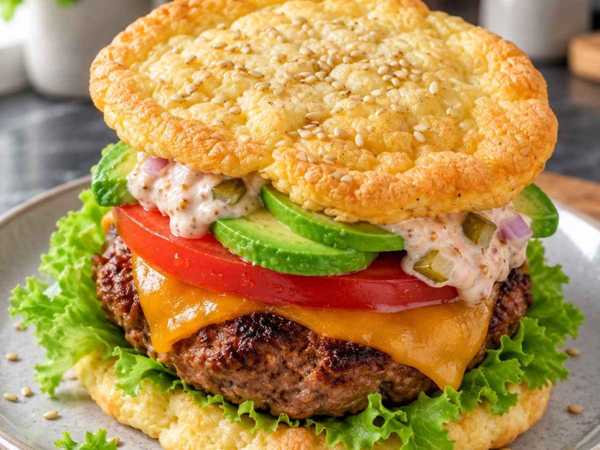 Low-Carb-Burger mit Wolkenbrötchen 2 Nahaufnahme vom Low-Carb-Burger mit Wolkenbrötchen mit geschmolzenem Cheddar, Avocado und Burger-Sauce