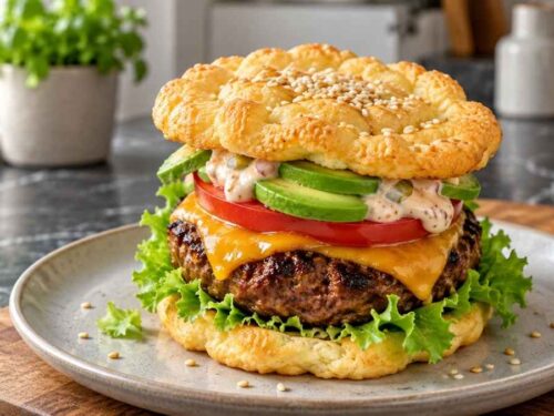Low-Carb-Burger mit Wolkenbrötchen, Rinder-Patty, Cheddar und Avocado auf dem Teller
