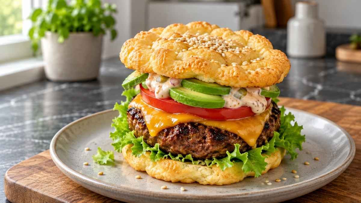 Low-Carb-Burger mit Wolkenbrötchen, Rinder-Patty, Cheddar und Avocado auf dem Teller