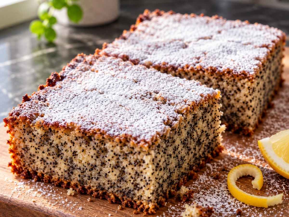 Angeschnittenes Stück Low Carb Mohnkuchen mit sichtbarem Mohn und saftiger Krume