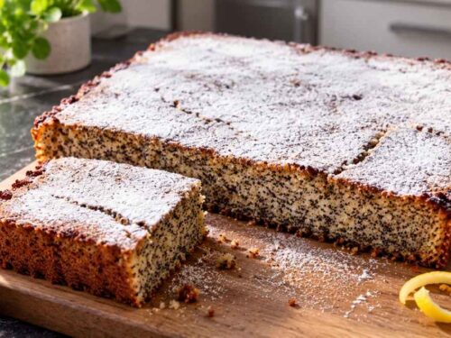 Low Carb Mohnkuchen mit Erythrit-Puder bestäubt, frisch aus dem Ofen
