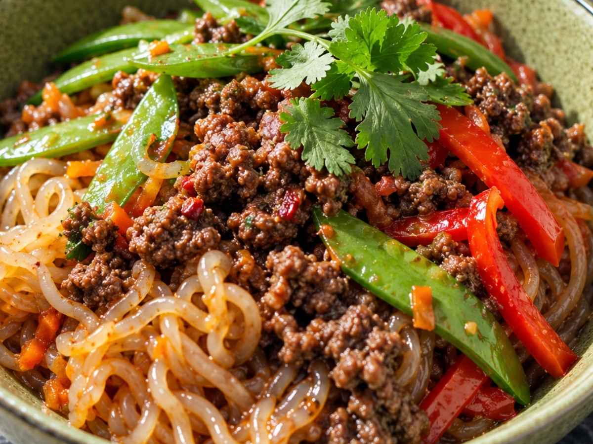 Nahaufnahme von Low-Carb-Nudel-Bowl mit Hack, Shirataki-Nudeln und Gemüse