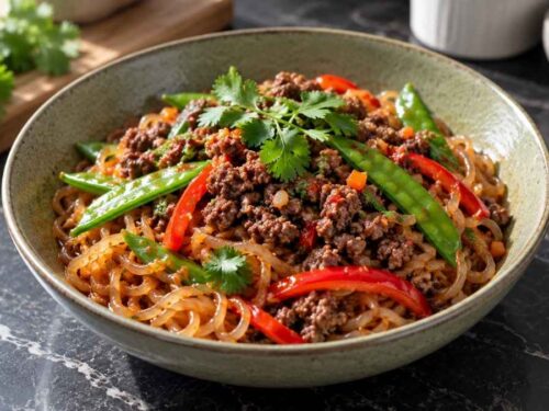 Low-Carb-Nudel-Bowl mit Hack, Shirataki-Nudeln und Gemüse auf dem Teller, Weitwinkelaufnahme