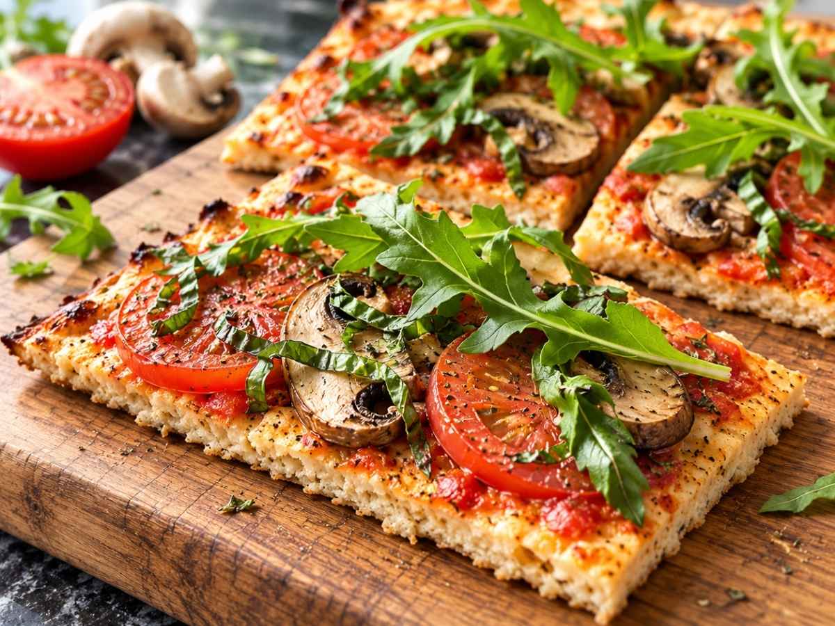 Low-Carb-Pizza mit Hähnchen 2 Angeschnittene Low-Carb-Pizza mit Hähnchen, Boden aus Hähnchen und Mozzarella sichtbar