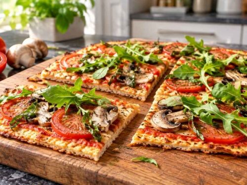 Low-Carb-Pizza mit Hähnchen, mit Tomatensauce, Champignons und Rucola belegt