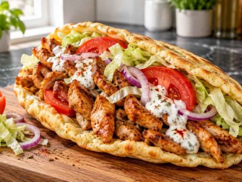 Low Carb Puten-Döner mit Eiweißfladen, Putenfleisch, Salat und Joghurtsauce