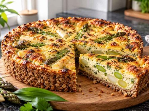 Ganze Low-Carb-Quiche mit Spargel und Bärlauch-Guss auf Holztisch