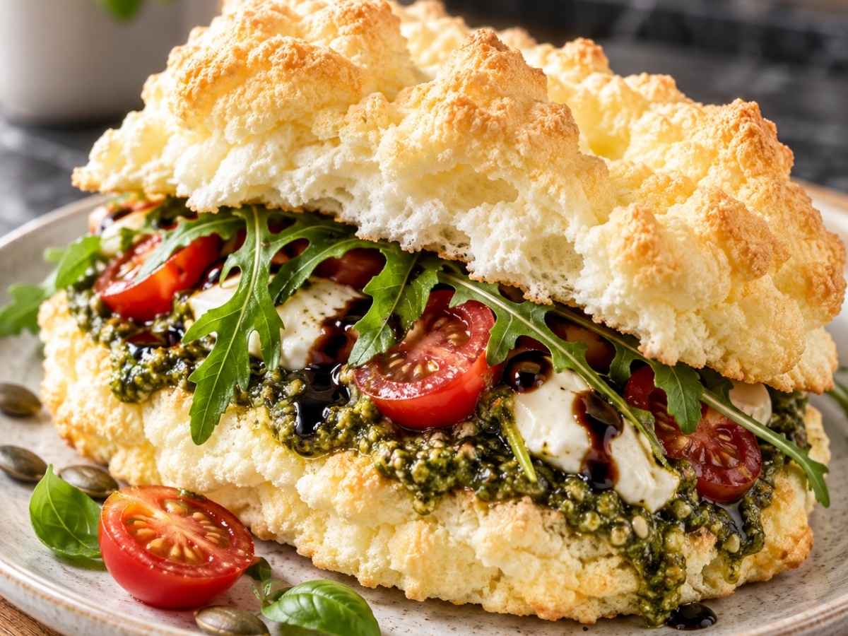 Low-Carb-Wolken 2 Nahaufnahme einer aufgeschnittenen Low-Carb-Wolke mit Pesto und Mozzarella