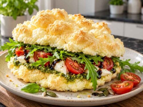 Low-Carb-Wolken mit Pesto, Tomaten und Mozzarella auf einem Teller angerichtet