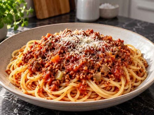 Low Meat Bolognese mit Grünkern auf Spaghetti mit Parmesan bestreut