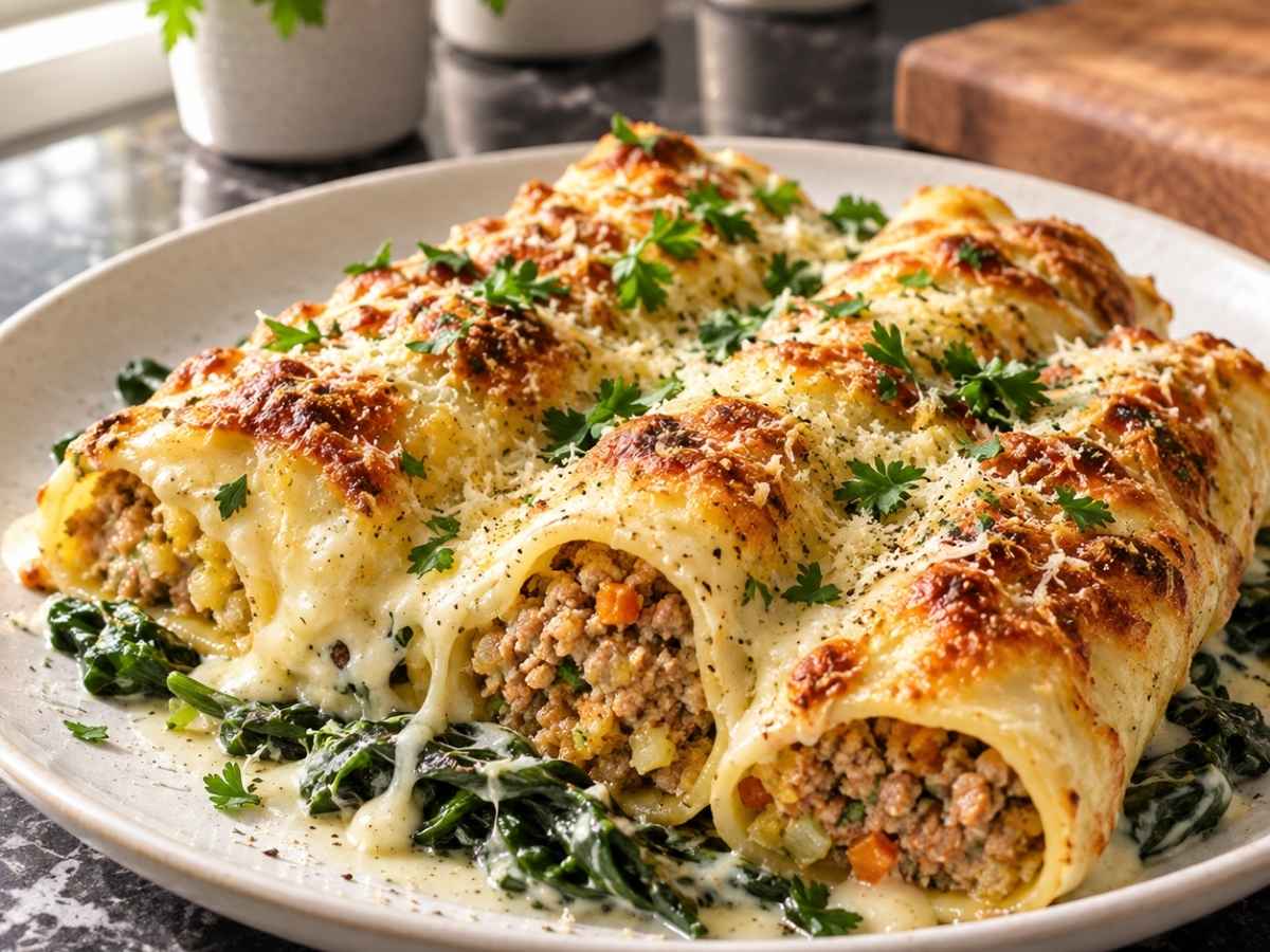Nahaufnahme einer angeschnittenen Cannelloni mit Gemüse-Hack-Füllung und Mangold