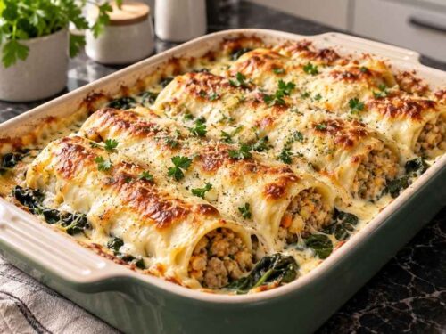 Low Meat Cannelloni mit Mangold, überbacken mit Béchamel und Mozzarella in der Auflaufform